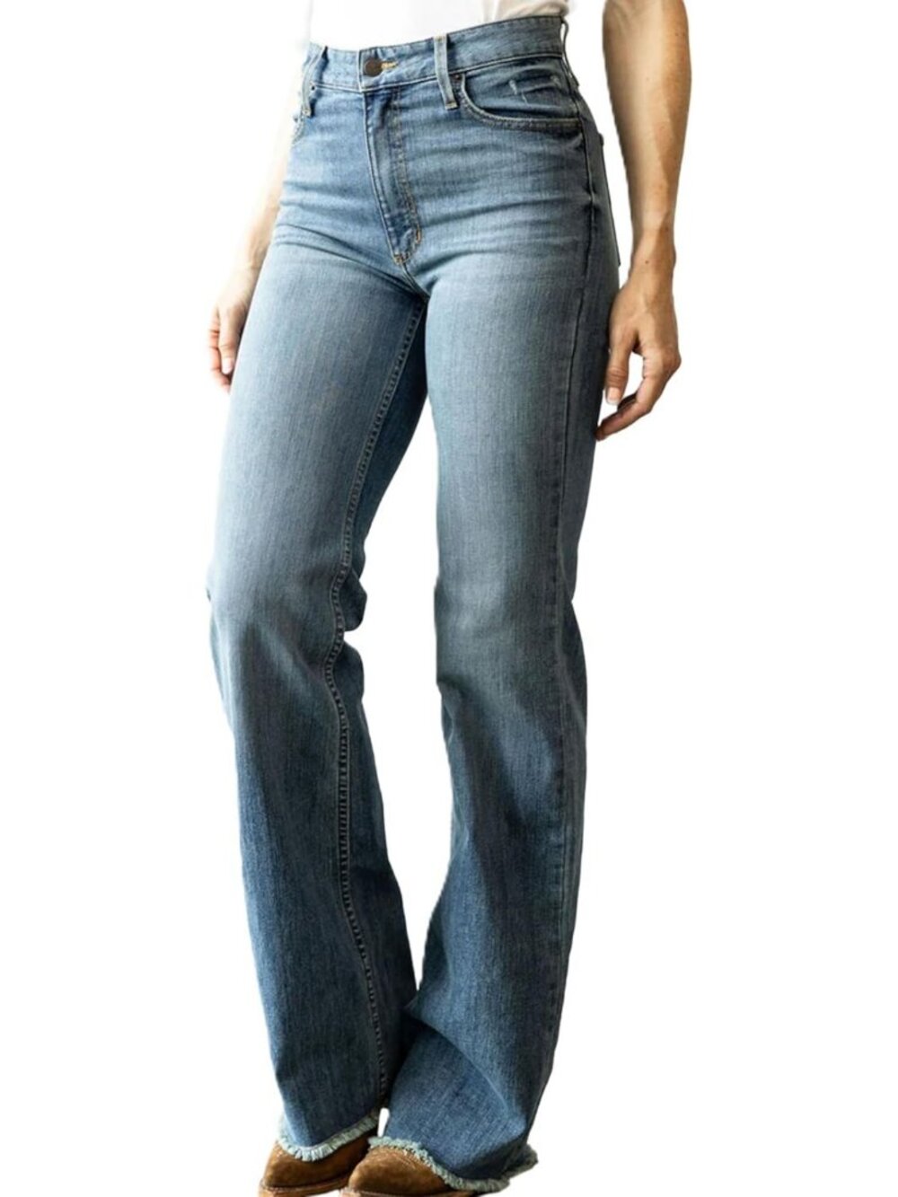Casual Western High Rise Waist Stove Pipe & Wide Leg Raw Hem Denim Jeans for